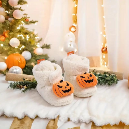 Childrens Ankle High Fleece Slippers with Halloween Print and Slip On Design