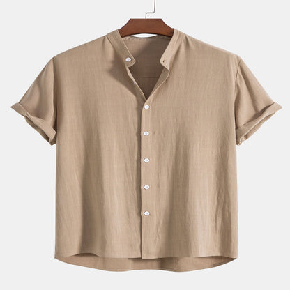 Men's Linen Shirt and Pants Set with Stand Collar and Short Sleeves
