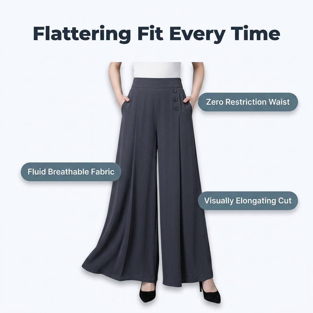 Wide Leg Pants with Pleated Front and Elastic Waistband, Wrinkle Resistant Cotton Blend