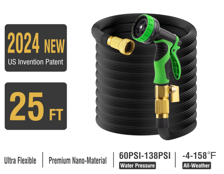 Expandable Garden Hose 25ft with 10-Pattern Spray Nozzle and Brass Connectors