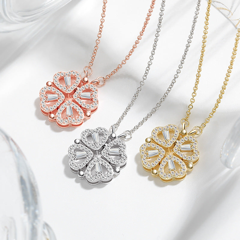 Four Heart Clover Pendant with Adjustable Chain and Preserved Roses