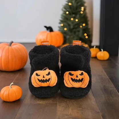 Childrens Ankle High Fleece Slippers with Halloween Print and Slip On Design