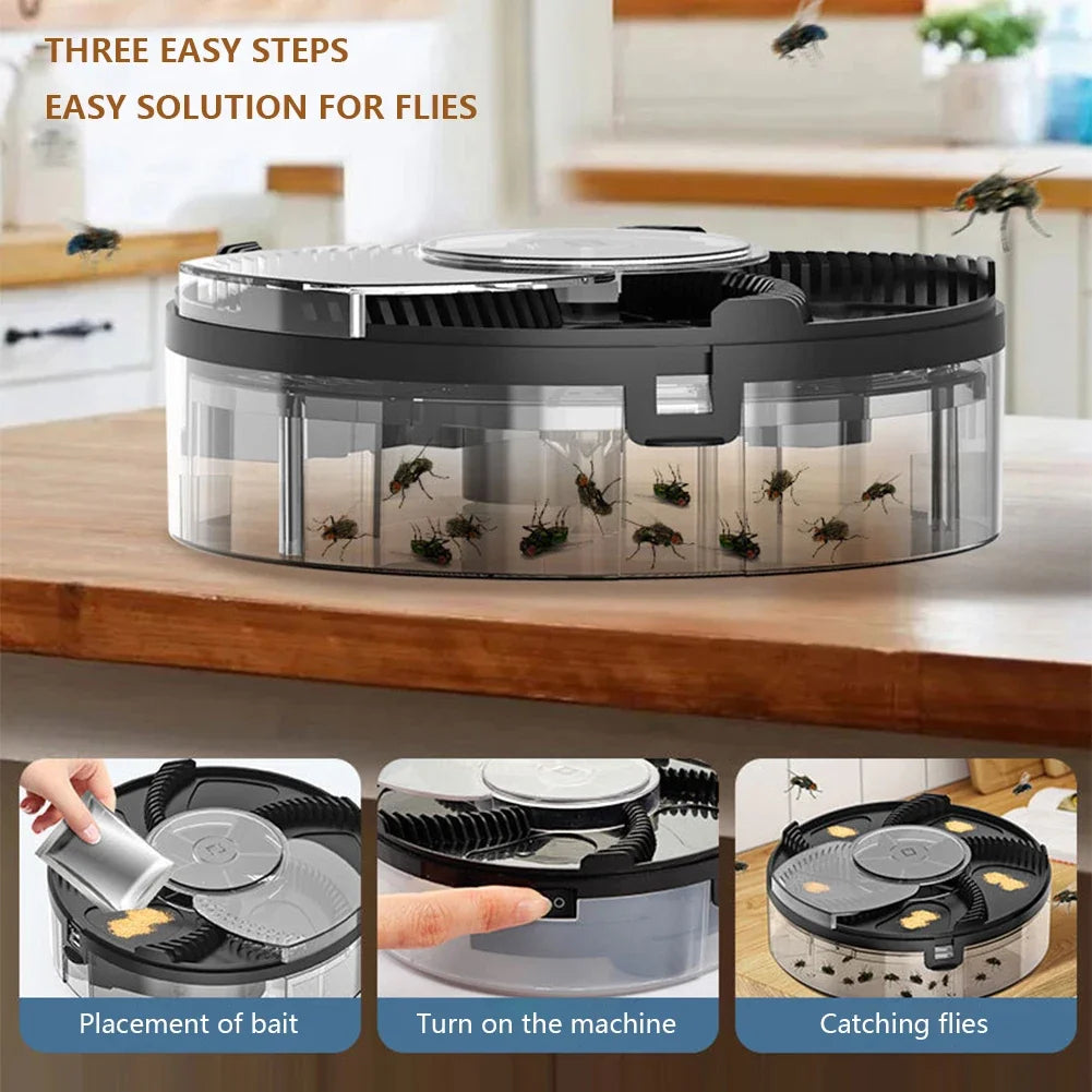 Rechargeable Fly Trap with Rotating Capture Chamber and Battery