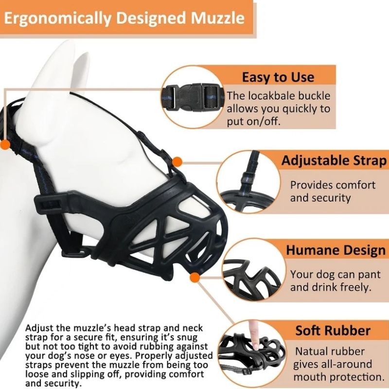 Basket Dog Muzzle with Adjustable Head Straps and Training Instructions