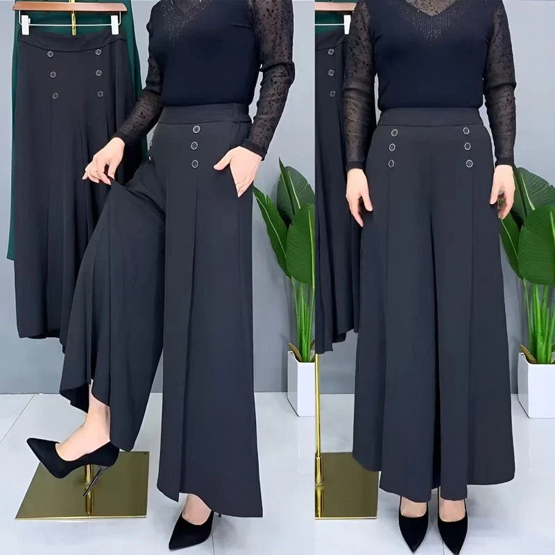Wide Leg Pants with Pleated Front and Elastic Waistband, Wrinkle Resistant Cotton Blend