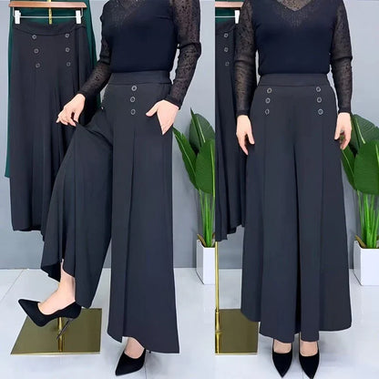 Wide Leg Pants with Pleated Front and Elastic Waistband, Wrinkle Resistant Cotton Blend