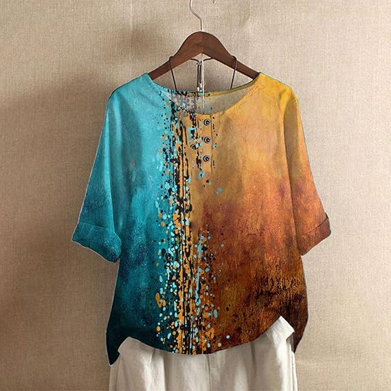 Graphic Print Blouse with Splicing Details and Half Sleeves