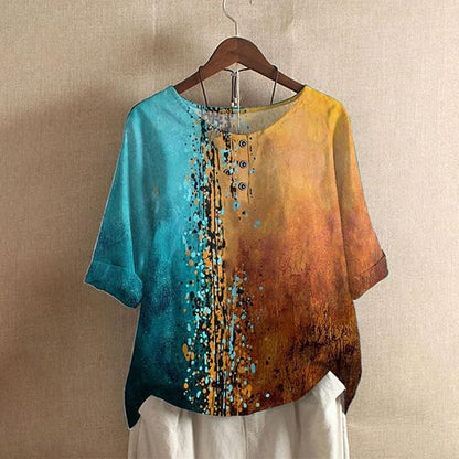 Graphic Print Blouse with Splicing Details and Half Sleeves