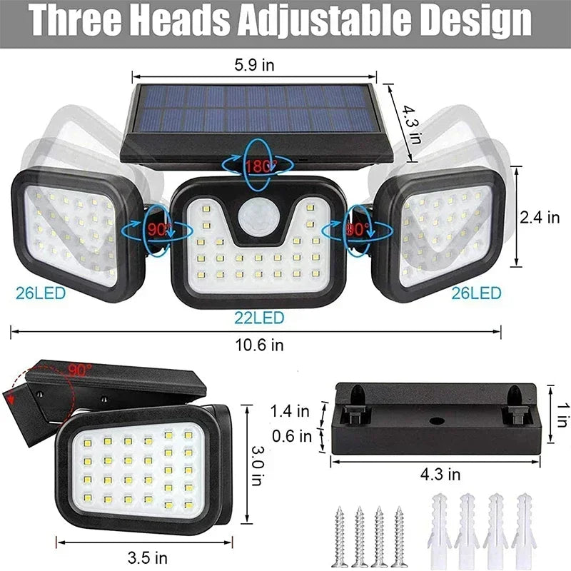 Solar Motion Sensor Light with 74 LED Bulbs and Adjustable Head for Outdoor Areas