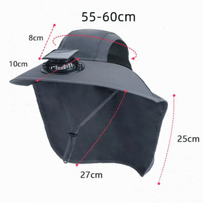 Cooling Fan Hat with Dual Airflow and Neck Shawl, Solar Powered