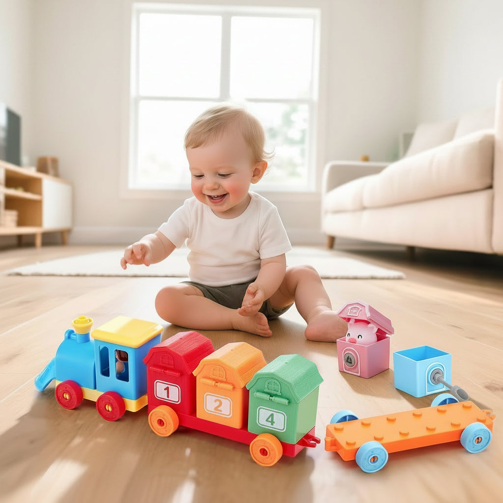 Wooden Train Set with Farm Animals and Color Sorting, Counting Learning Toy