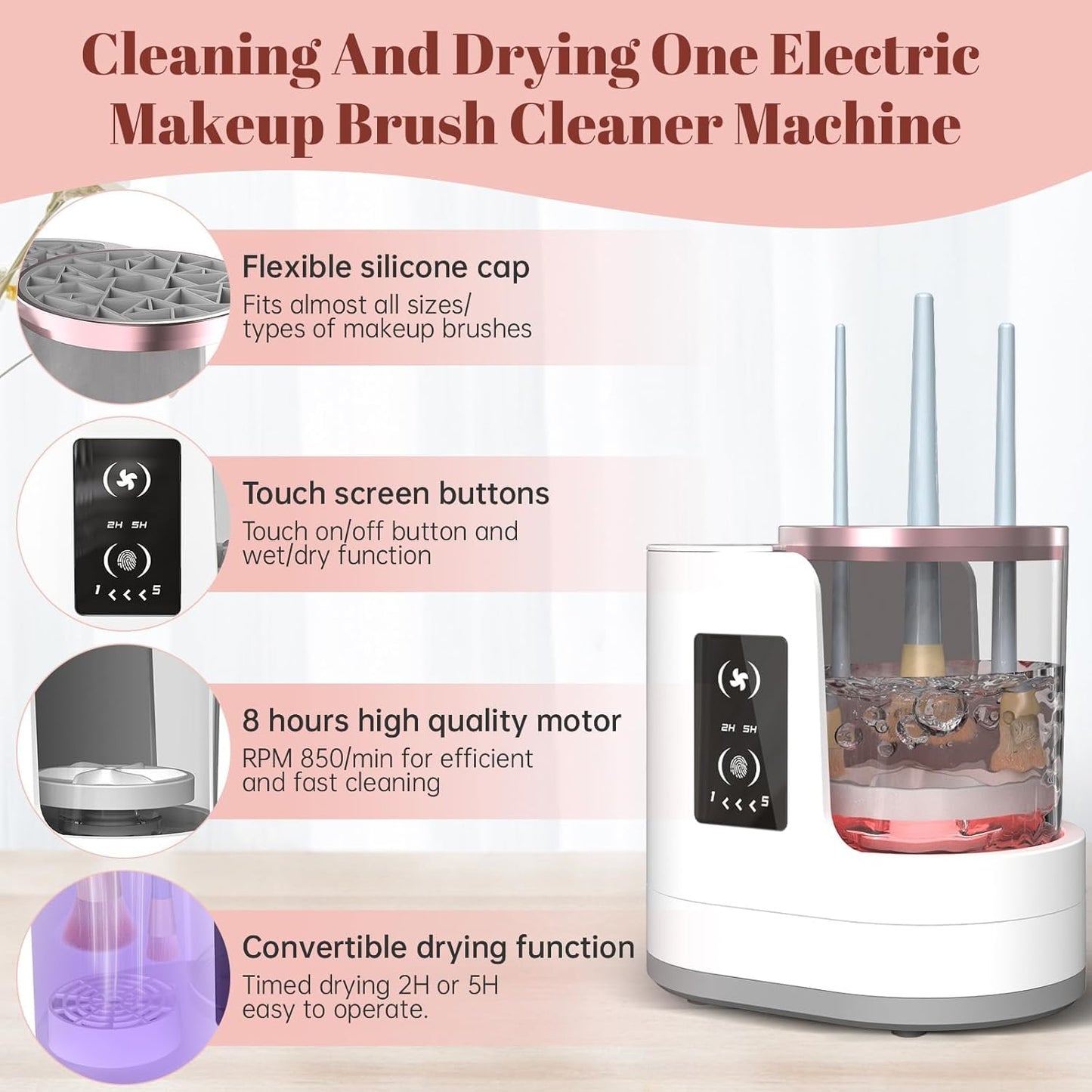 Automatic Spinning Makeup Brush Cleaner with Multiple Silicone Collars and Fast Drying
