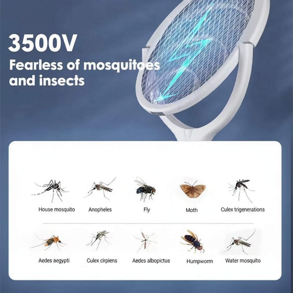 Electric Bug Zapper Racket with Adjustable Head and Stand Base