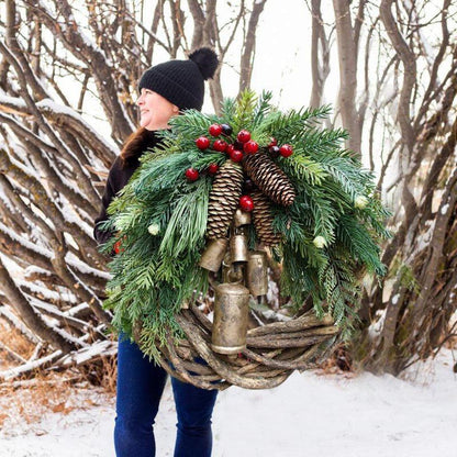 Rustic Vine Wreath with Golden Bells and Pinecones, 17 Inch