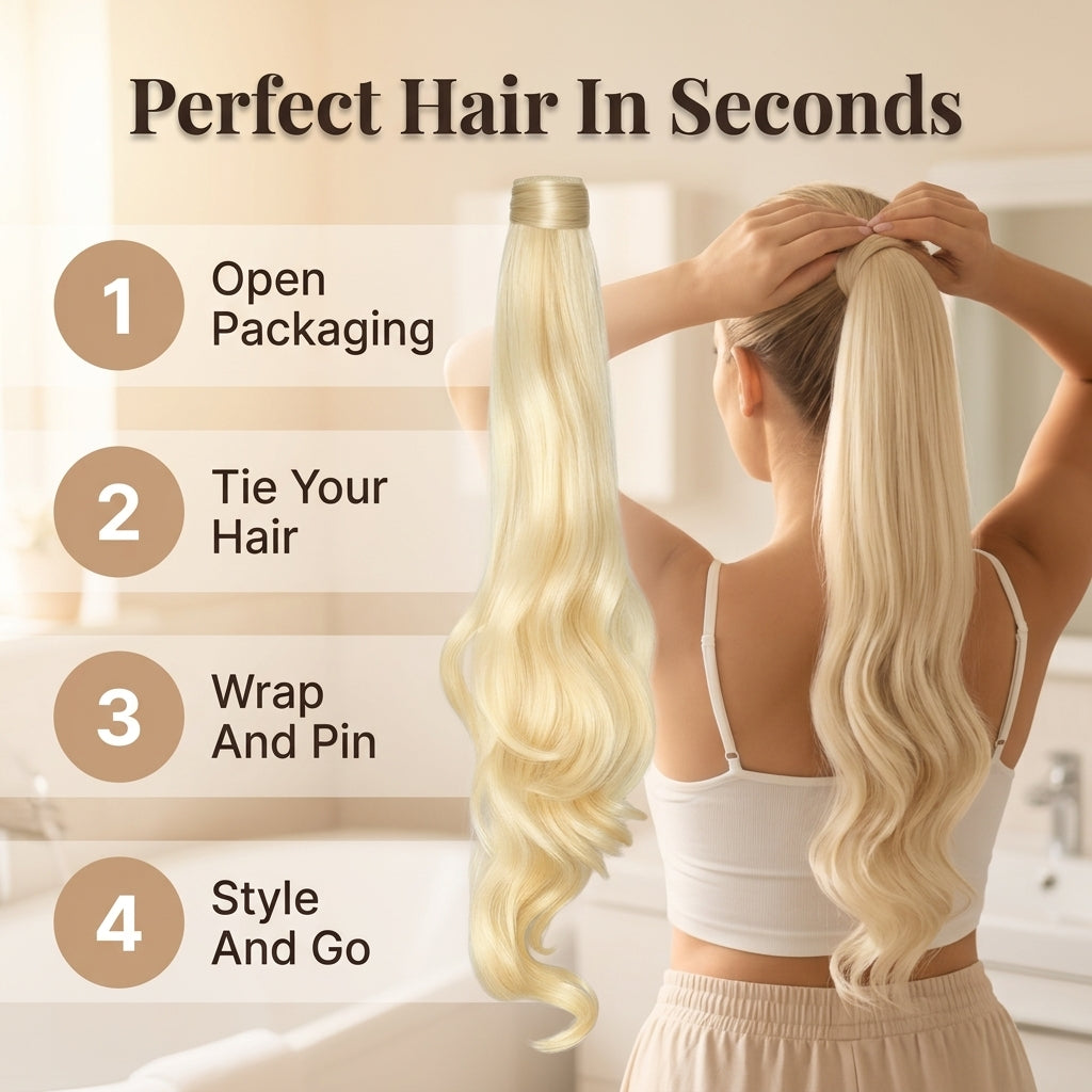 Clip-In Ponytail Extension with Wrap Around Design and Invisible Hairpins