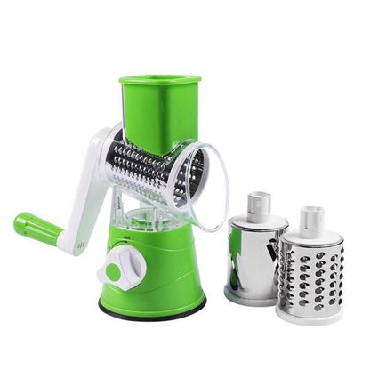 Rotary Vegetable Grater with Three Interchangeable Drums and Hand Crank