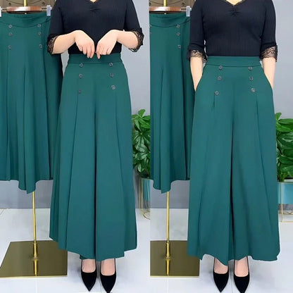 Wide Leg Pants with Pleated Front and Elastic Waistband, Wrinkle Resistant Cotton Blend