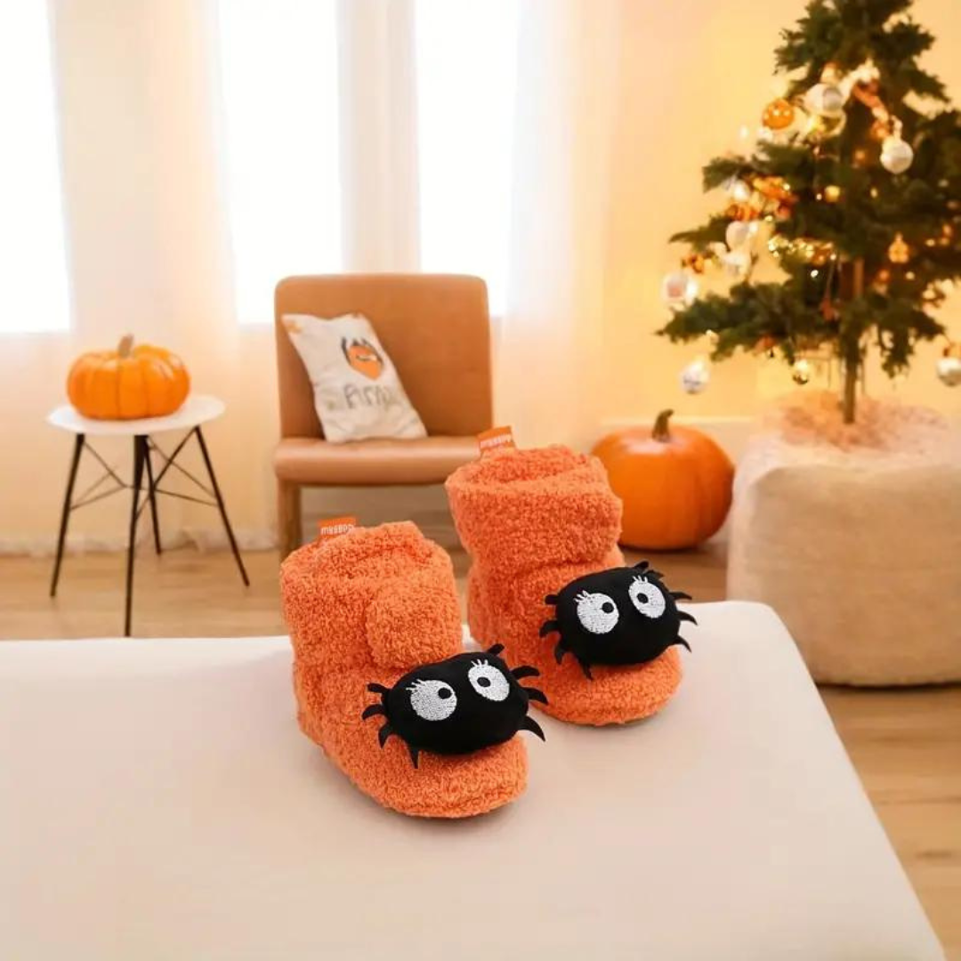 Childrens Ankle High Fleece Slippers with Halloween Print and Slip On Design
