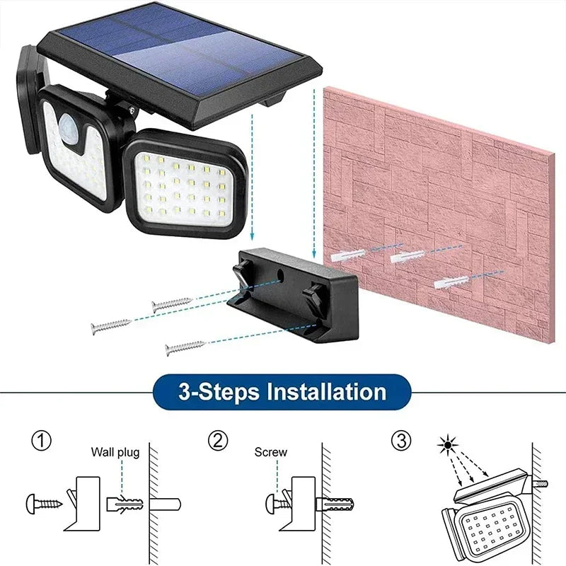 Solar Motion Sensor Light with 74 LED Bulbs and Adjustable Head for Outdoor Areas