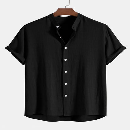 Men's Linen Shirt and Pants Set with Stand Collar and Short Sleeves