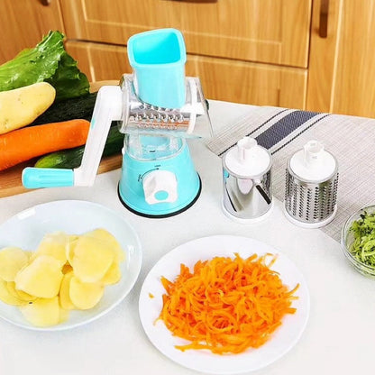 Rotary Vegetable Grater with Three Interchangeable Drums and Hand Crank