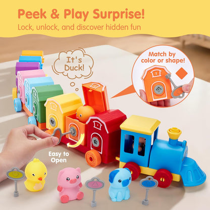 Wooden Train Set with Farm Animals and Color Sorting, Counting Learning Toy