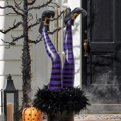 Witch Leg Garden Stakes with Striped Design and Golden Buckle Boots, 11.81in
