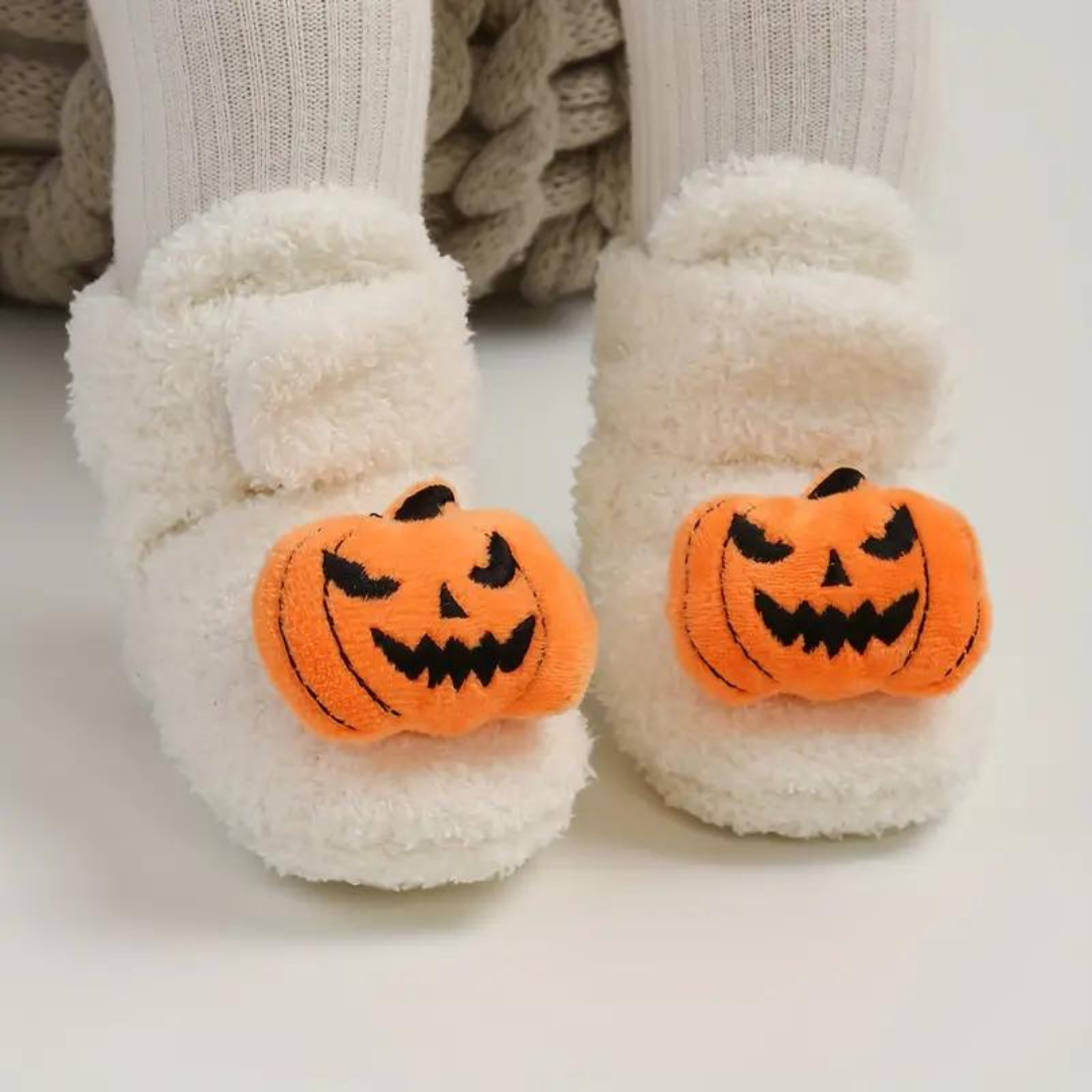 Childrens Ankle High Fleece Slippers with Halloween Print and Slip On Design