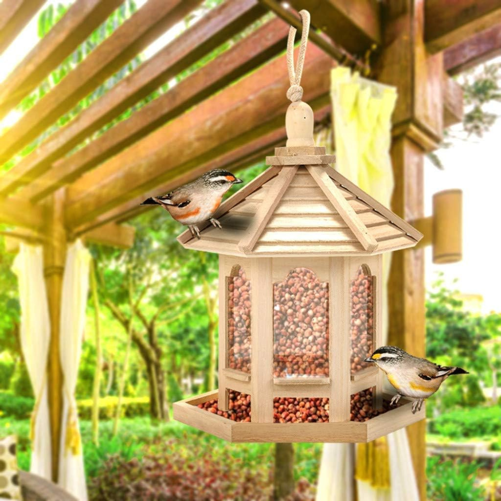 Bird Feeder with Transparent Acrylic Panel and Wooden Roof, 10.2x8.2x7.8 Inches