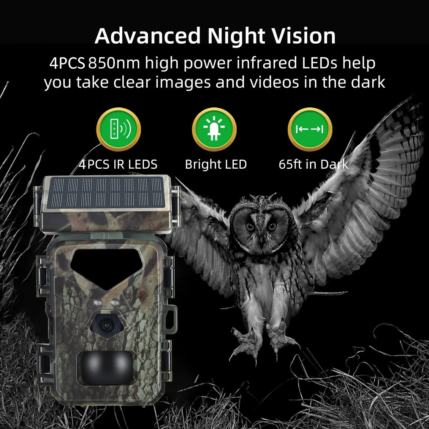 Wildlife Trail Camera with Solar Charging and 1080P Video, 65ft Night Vision