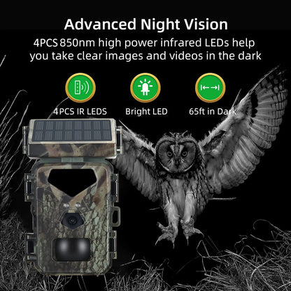 Wildlife Trail Camera with Solar Charging and 1080P Video, 65ft Night Vision