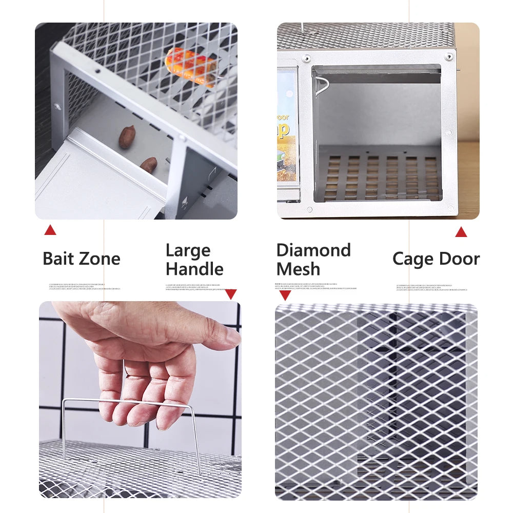 Reusable Metal Mouse Trap Cage with Patented Locking Mechanism and Built-in Handle