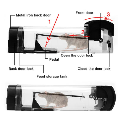 Live Catch Mouse Trap with Transparent Body and Auto-Locking Metal Door