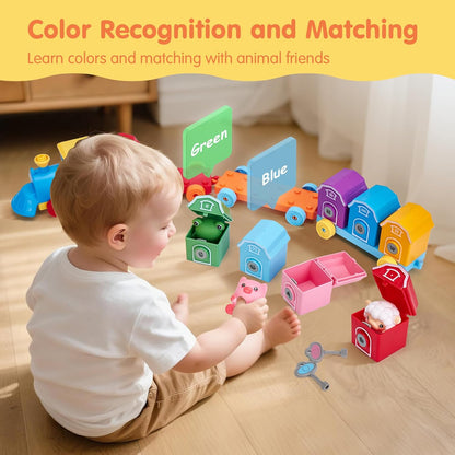 Wooden Train Set with Farm Animals and Color Sorting, Counting Learning Toy