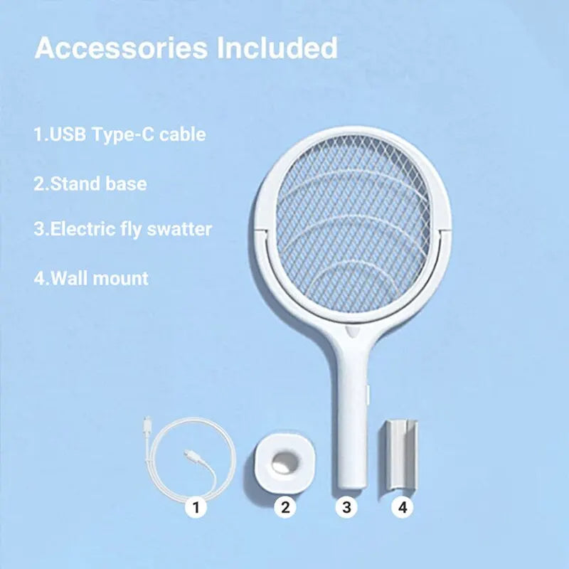Electric Bug Zapper Racket with Adjustable Head and Stand Base