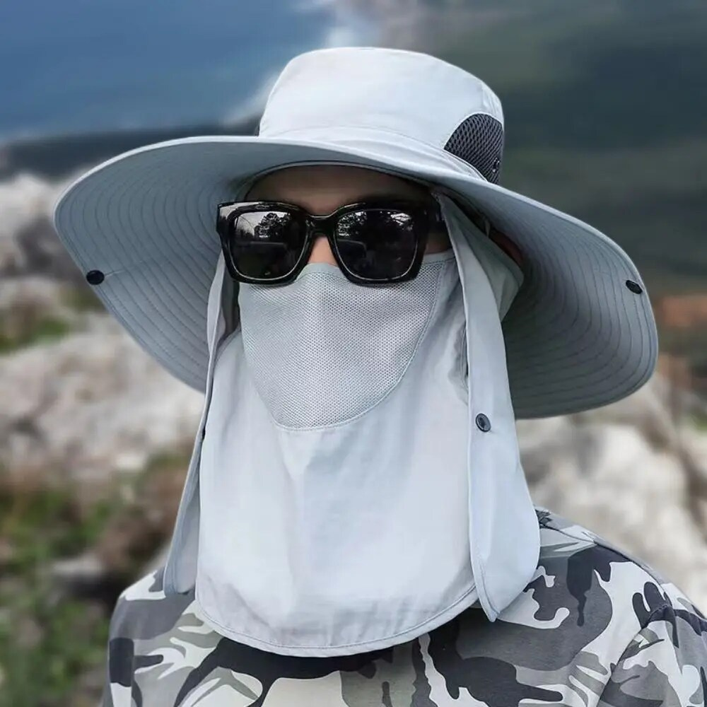 Wide Brim Fishing Hat with Breathable Mesh and Adjustable Chin Strap, Water Resistant