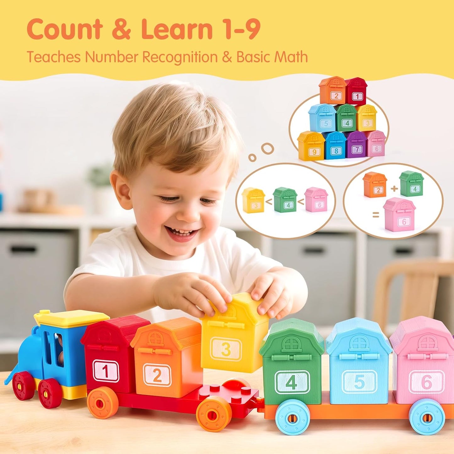 Wooden Train Set with Farm Animals and Color Sorting, Counting Learning Toy