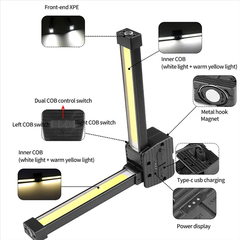 Foldable Work Light with 180-Degree Tilt Head and Seven Brightness Settings