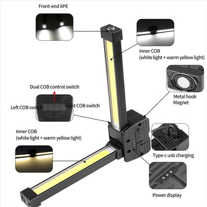 Foldable Work Light with 180-Degree Tilt Head and Seven Brightness Settings