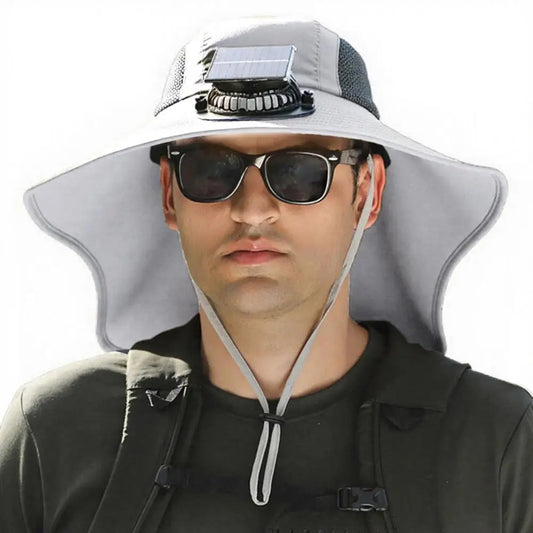 Cooling Fan Hat with Dual Airflow and Neck Shawl, Solar Powered