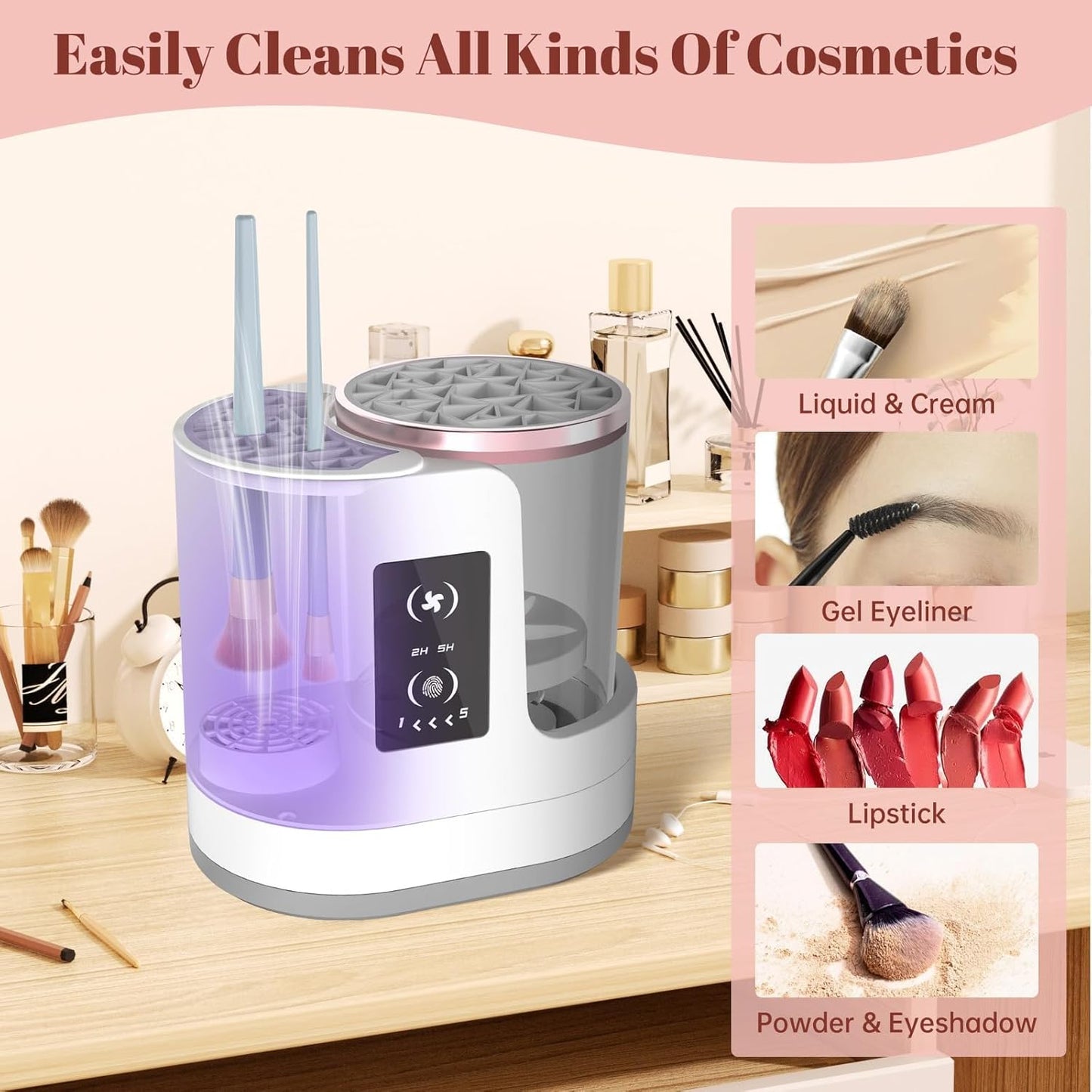 Automatic Spinning Makeup Brush Cleaner with Multiple Silicone Collars and Fast Drying