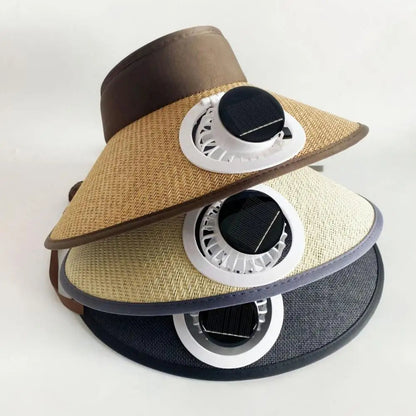 Solar Powered Cooling Fan Hat with Wide Brim and USB Charging, Adjustable Speeds