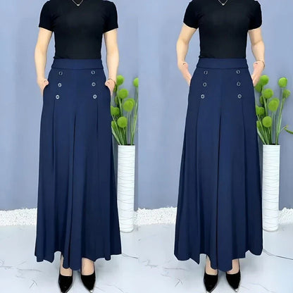 Wide Leg Pants with Pleated Front and Elastic Waistband, Wrinkle Resistant Cotton Blend