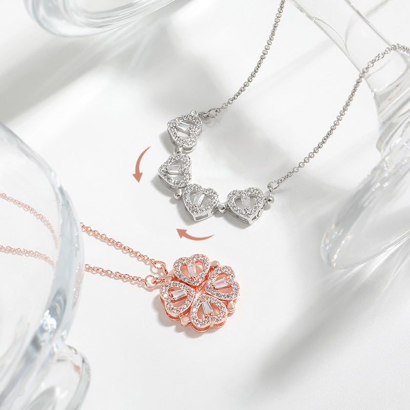 Four Heart Clover Pendant with Adjustable Chain and Preserved Roses