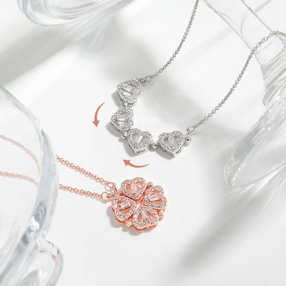 Four Heart Clover Pendant with Adjustable Chain and Preserved Roses