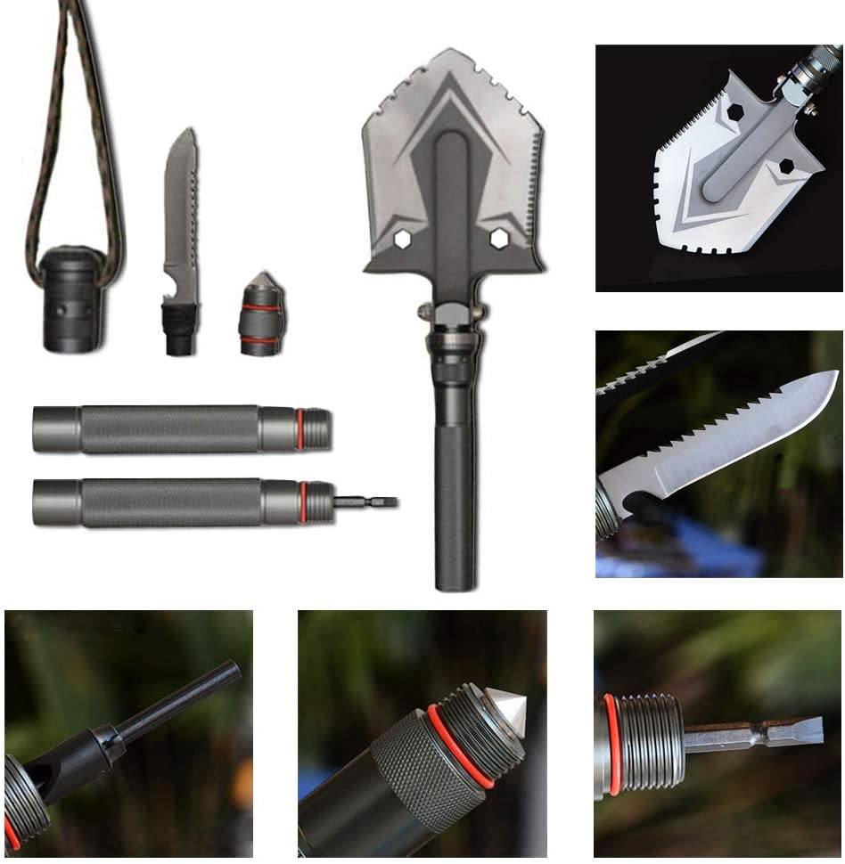 Folding Survival Shovel with 20-in-1 Multi-Tool Functions and Emergency Whistle