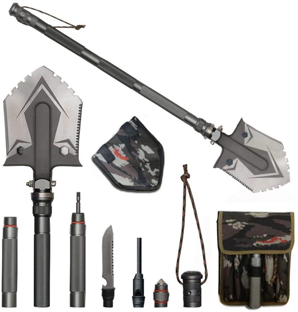 Folding Survival Shovel with 20-in-1 Multi-Tool Functions and Emergency Whistle