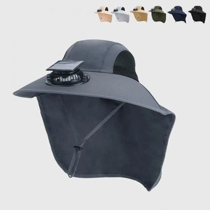 Cooling Fan Hat with Dual Airflow and Neck Shawl, Solar Powered