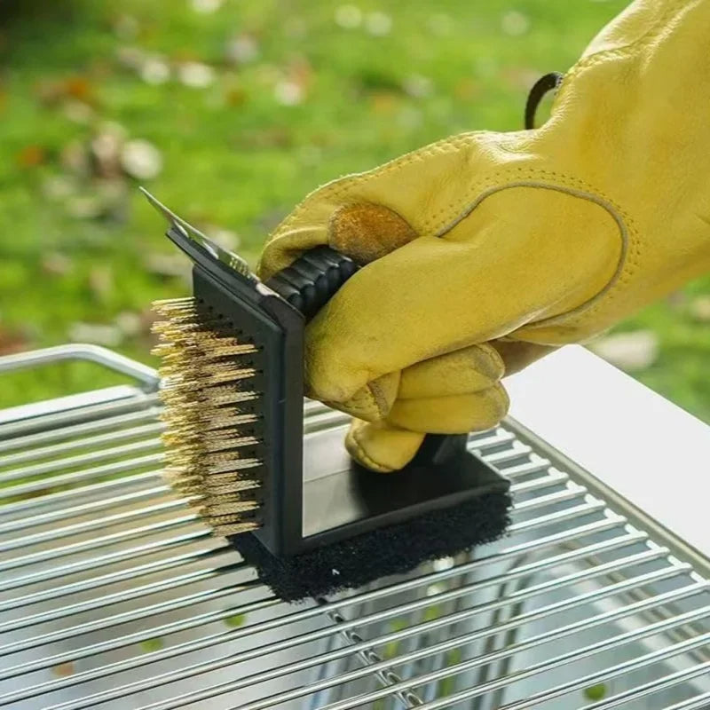 Grill Brush with Scraper, Brass Bristles and Sponge, Right Angle Head