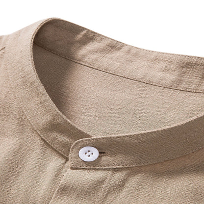 Men's Linen Shirt and Pants Set with Stand Collar and Short Sleeves